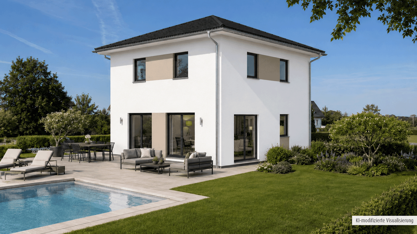 Moderner weißer Kubus-Bungalow mit grauem Satteldach, Terrasse mit Gartenmöbeln und Swimmingpool im grünen Garten