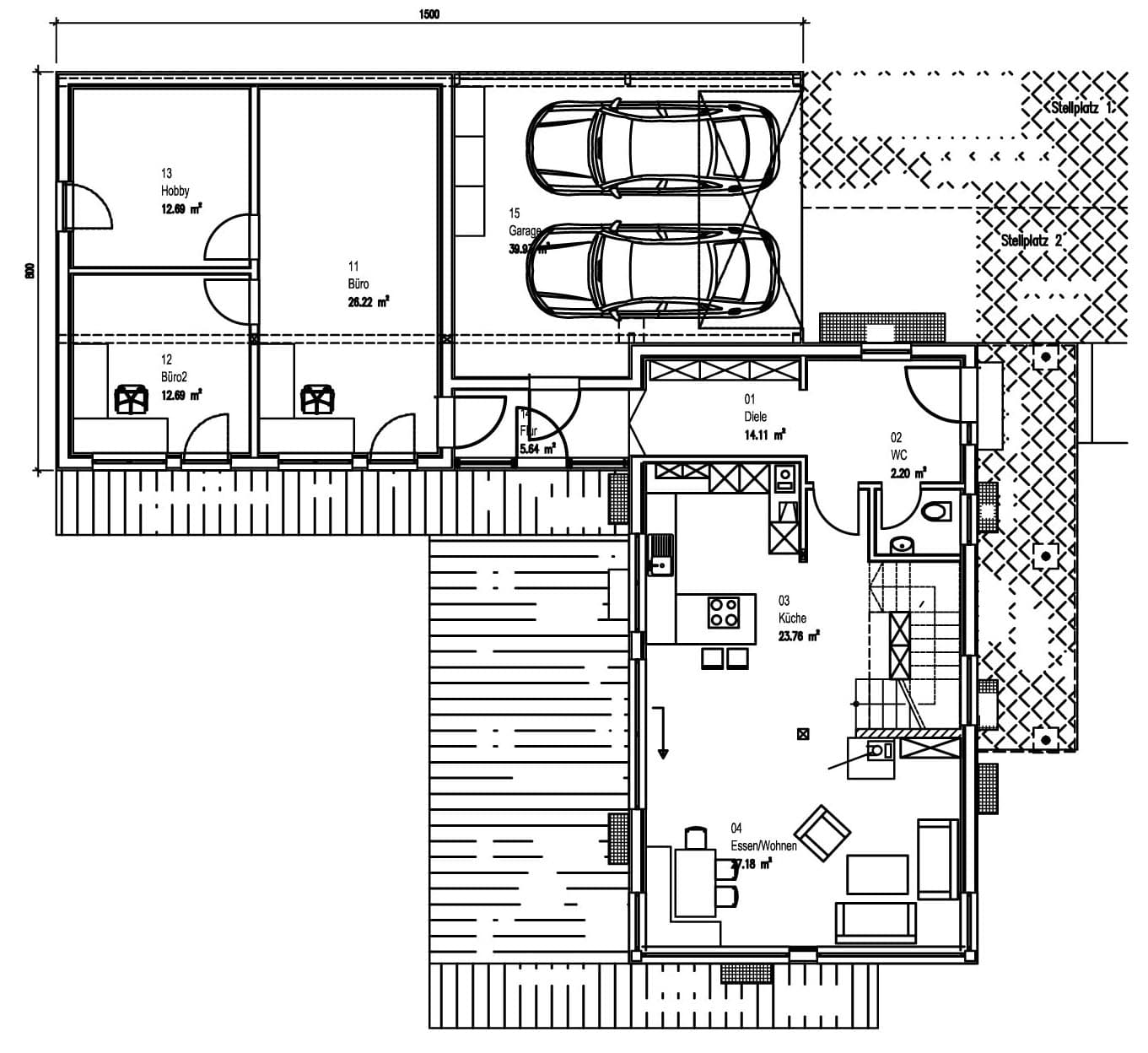 Der Grundriss des EGs des modernen Holzhauses mit durchgängiger Holzfassade, Nebengebäude mit Büro im Chiemgau