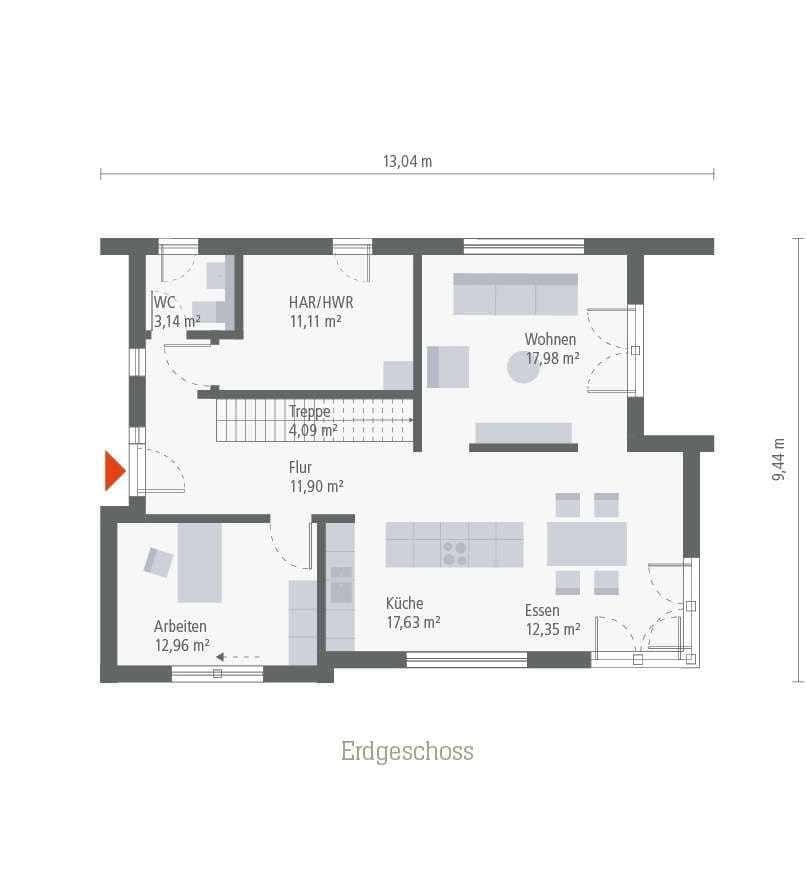 Grundriss eines modernen Musterhauses im Erdgeschoss mit Küche, Wohnbereich, Arbeitszimmer und Gäste-WC.