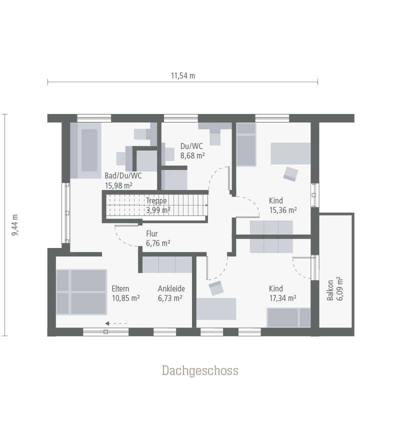 Grundriss des Dachgeschosses eines modernen Musterhauses mit Elternschlafzimmer, zwei Kinderzimmern und Balkon.
