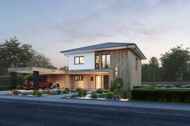 Modernes zweistöckiges Einfamilienhaus mit Holzfassade, Carport, Gartenbeleuchtung und rotem Auto bei Dämmerung