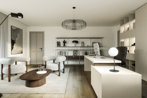 Moderner Büroarbeitsplatz mit weißen Möbeln, grauen Sesseln, Holztisch und dekorativem Metallregal in hellem Raum