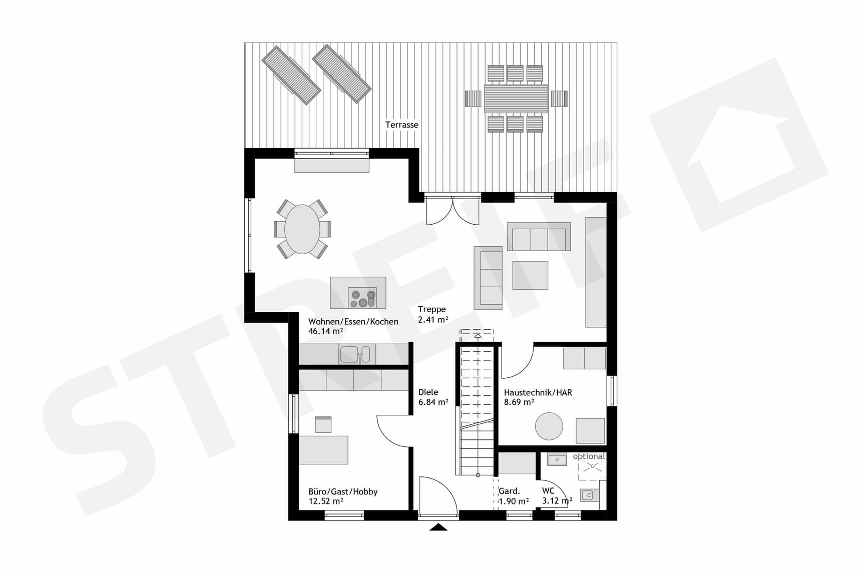 Fertighaus Stadtvilla Erdgeschoss-Grundriss mit Wohn-Ess-Kochbereich, Büro, Haustechnik, WC und Terrasse