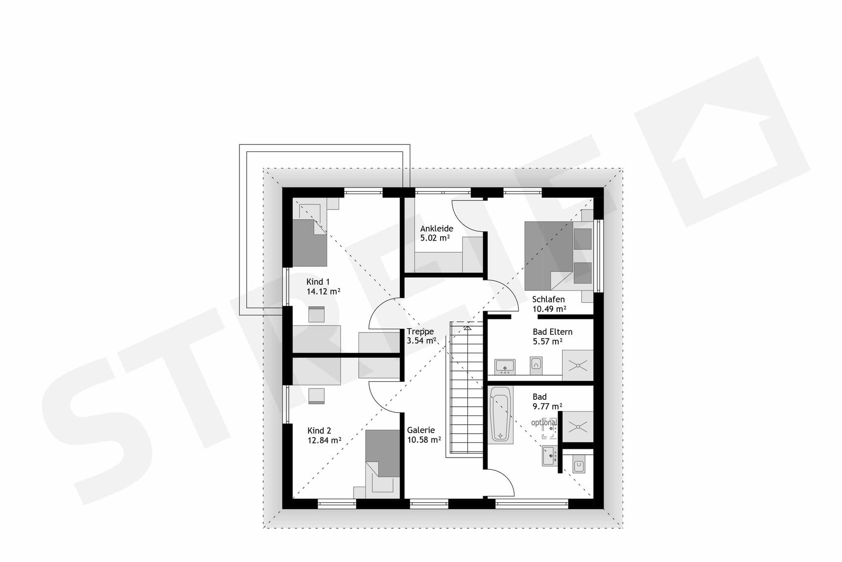 Fertighaus Stadtvilla Obergeschoss-Grundriss mit zwei Kinderzimmern, Schlafzimmer, Ankleide, zwei Bädern und Galerie