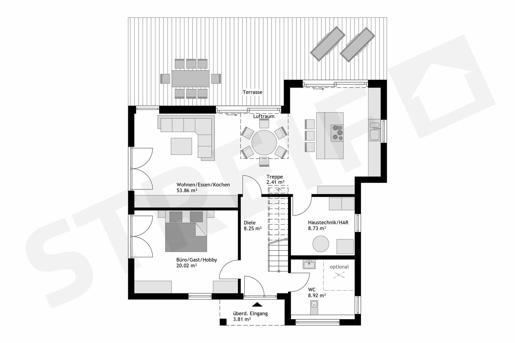 Fertighaus Stadtvilla Erdgeschoss-Grundriss mit Wohn-Ess-Kochbereich, Büro, Haustechnik, WC, Terrasse und Eingang