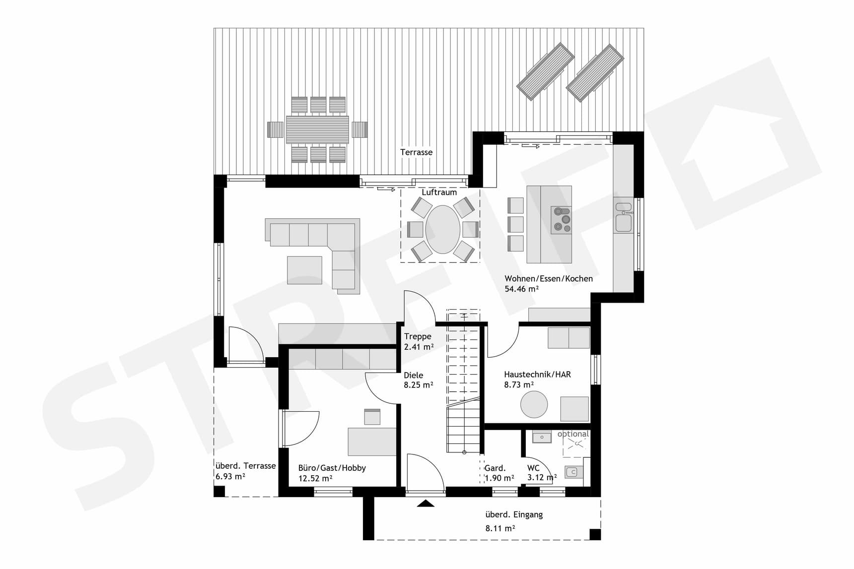 Fertighaus Stadtvilla Erdgeschoss-Grundriss mit Wohn-Ess-Kochbereich, Büro, Haustechnik, WC, Terrasse und Eingang