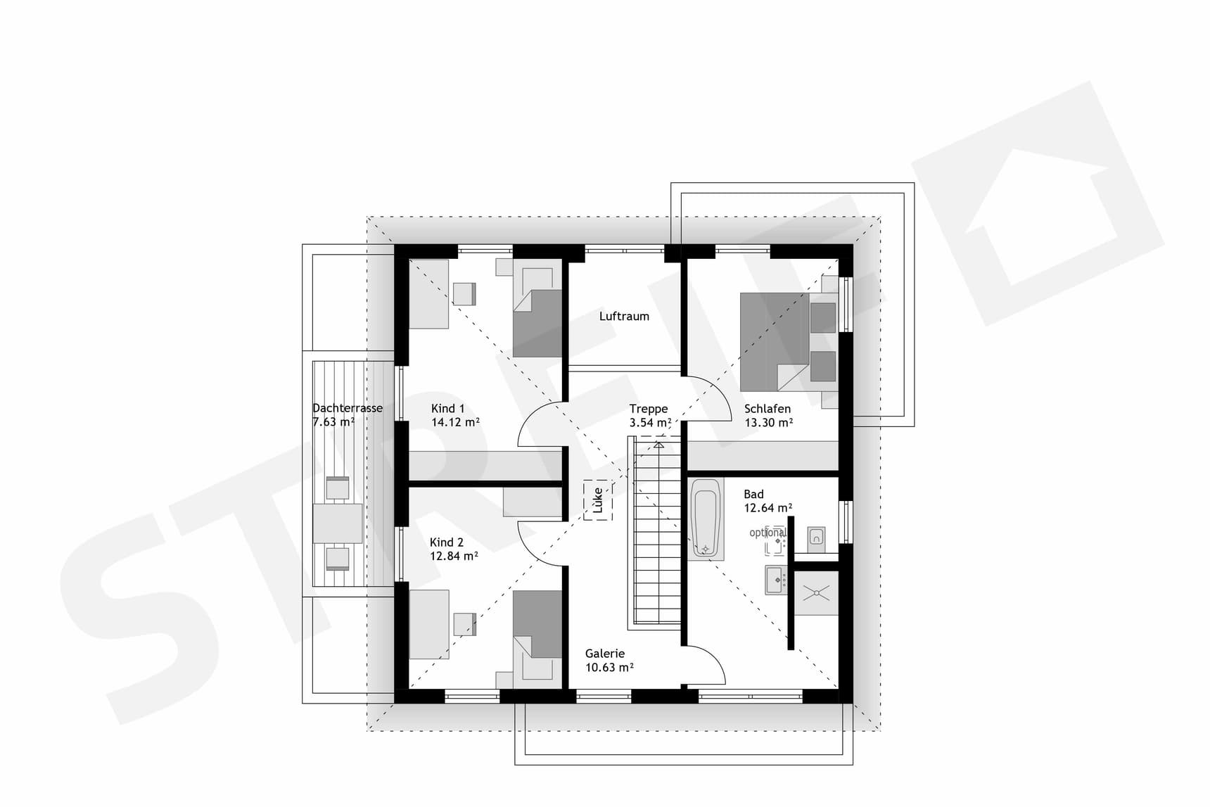 Fertighaus Stadtvilla Obergeschoss-Grundriss mit zwei Kinderzimmern, Schlafzimmer, Bad, Galerie und Dachterrasse