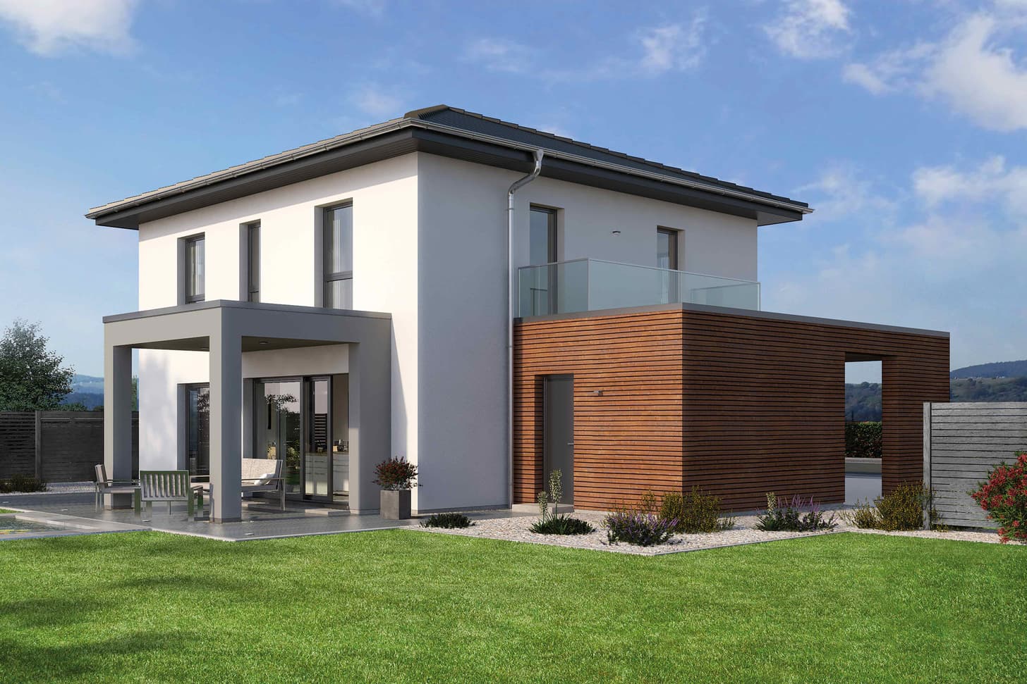 Fertighaus Stadtvilla mit Walmdach, weißer Putzfassade, Holzanbau, schmalen Fenstern, Balkon, überdachter Terrasse und Garten