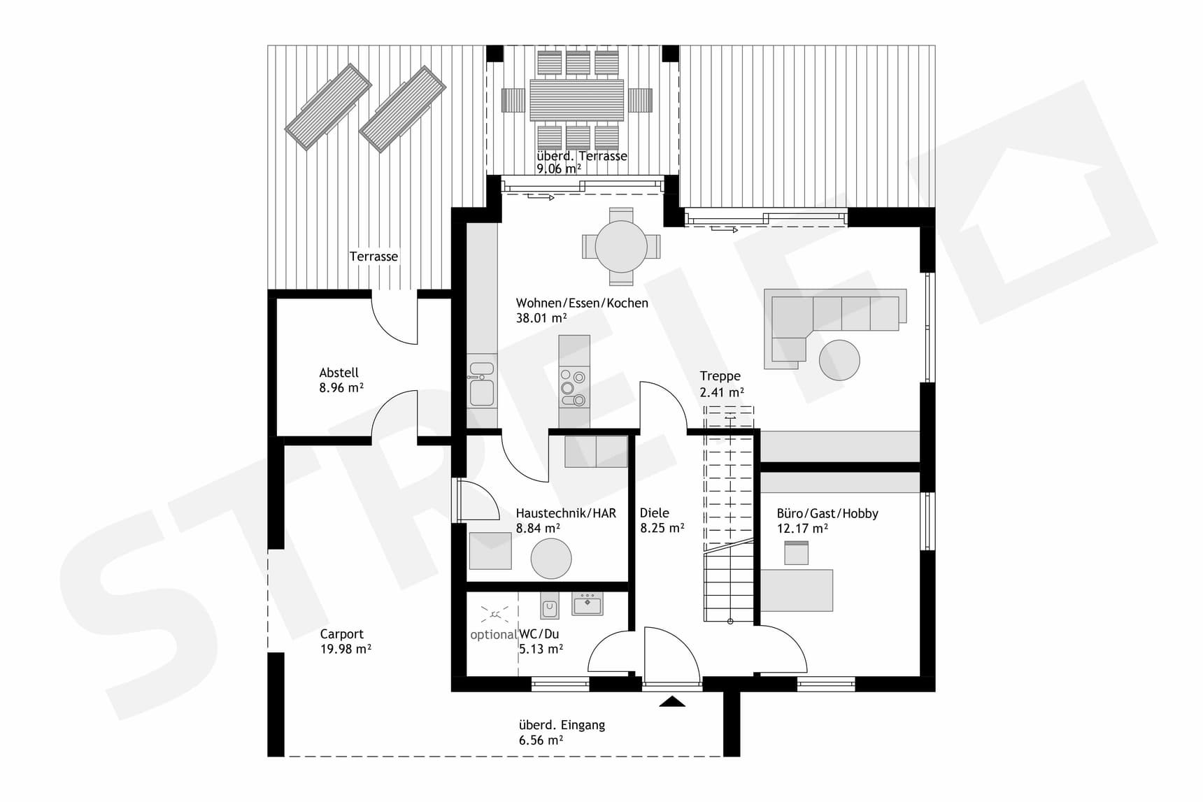 Fertighaus Stadtvilla Erdgeschoss-Grundriss mit Wohn-Ess-Kochbereich, Büro, Haustechnik, Carport, Terrasse und Eingang