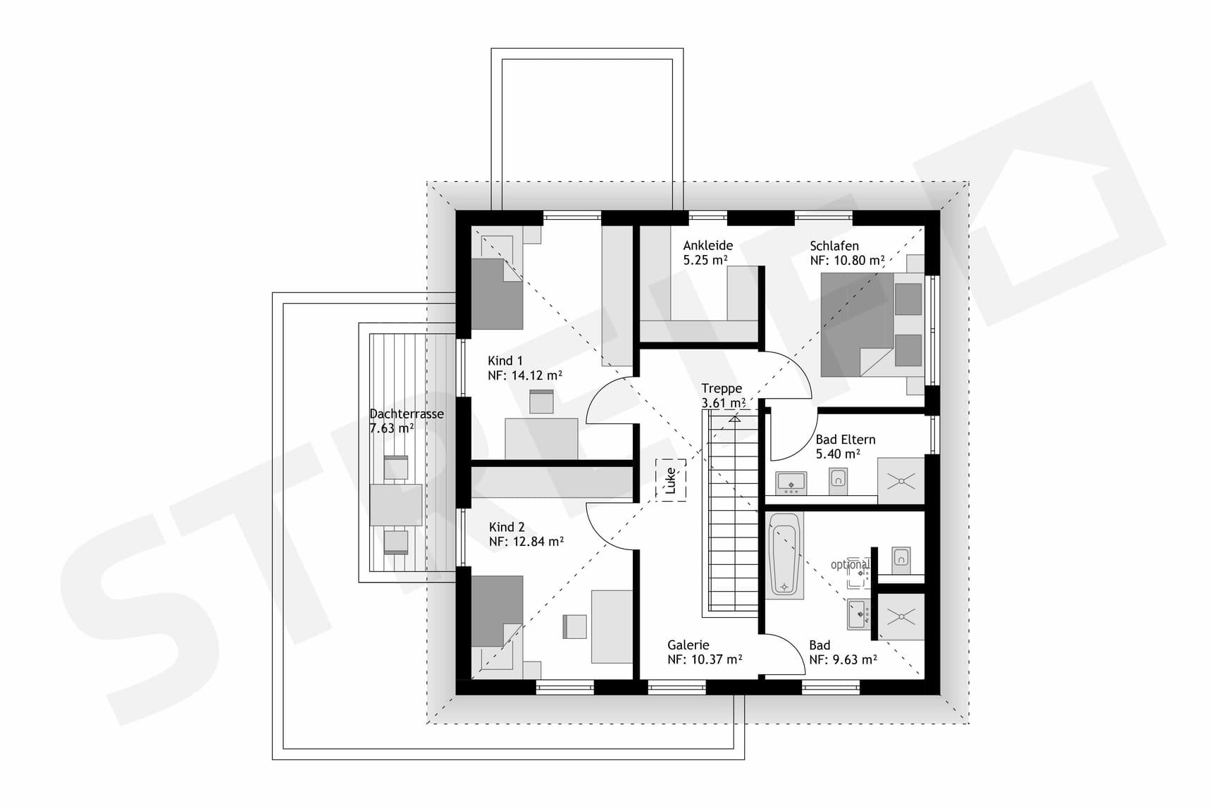 Fertighaus Stadtvilla Obergeschoss-Grundriss mit zwei Kinderzimmern, Schlafzimmer, Ankleide, Bädern, Galerie und Dachterrasse
