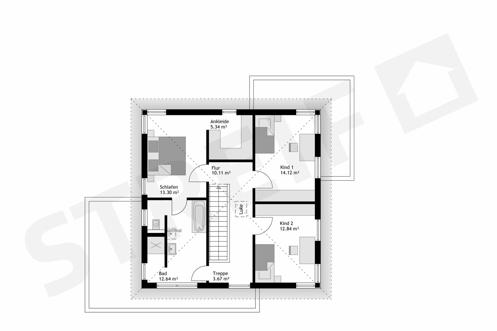 Fertighaus Stadtvilla Obergeschoss-Grundriss mit zwei Kinderzimmern, Schlafzimmer, Ankleide, Bad und Flur