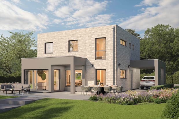 Fertighaus Stadtvilla mit kubischem Baukörper, heller Klinkerfassade, Flachdach, Terrasse, Carport und Garten