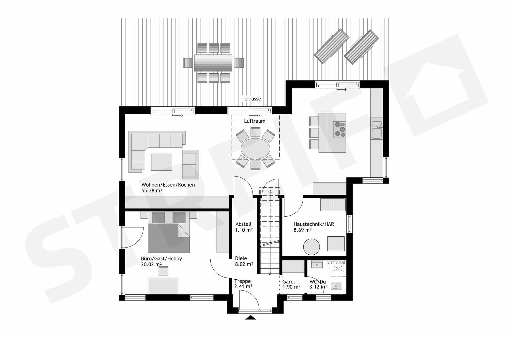 Fertighaus Stadtvilla Erdgeschoss-Grundriss mit Wohn-Ess-Kochbereich, Büro, Terrasse, Luftraum und Haustechnik