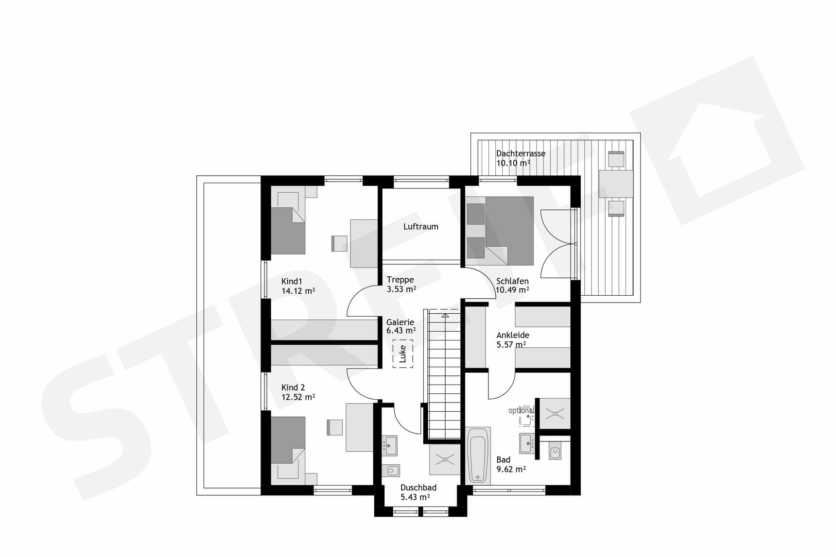 Fertighaus Stadtvilla Obergeschoss-Grundriss mit zwei Kinderzimmern, Schlafzimmer, Ankleide, Bädern und Dachterrasse