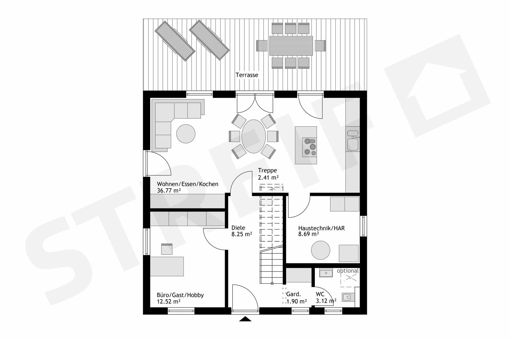 Fertighaus Stadtvilla Erdgeschoss-Grundriss mit Wohn-Ess-Kochbereich, Büro, Haustechnik, WC und Terrasse
