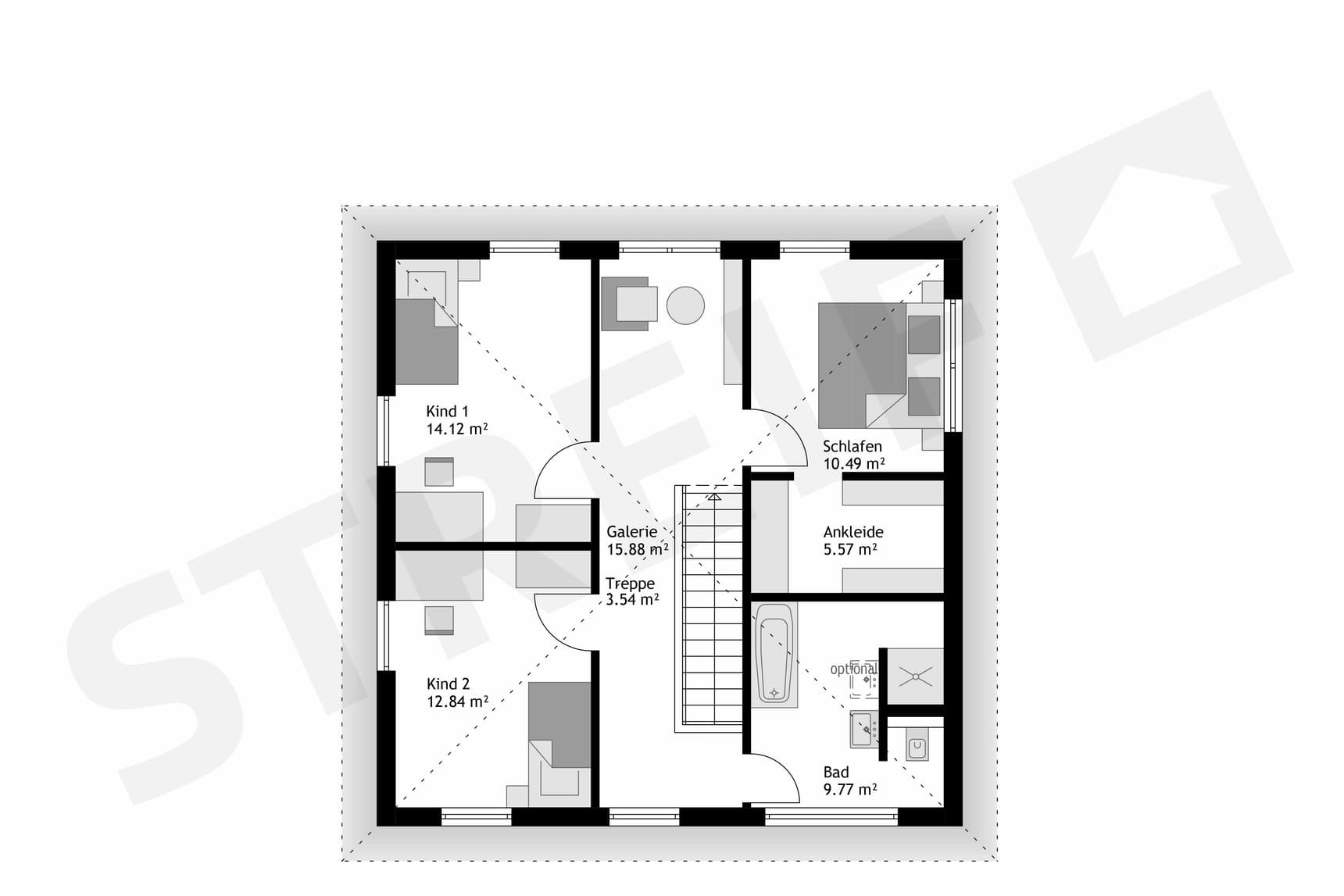 Fertighaus Stadtvilla Obergeschoss-Grundriss mit zwei Kinderzimmern, Schlafzimmer, Ankleide, Bad und zentraler Treppe