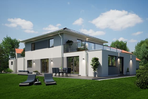 Fertighaus Mehrfamilienhaus zweigeschossig kompakt Walmdach, Putz weiß grau, große Fenster, Balkon mit Glasbrüstung, Terrasse, Garten