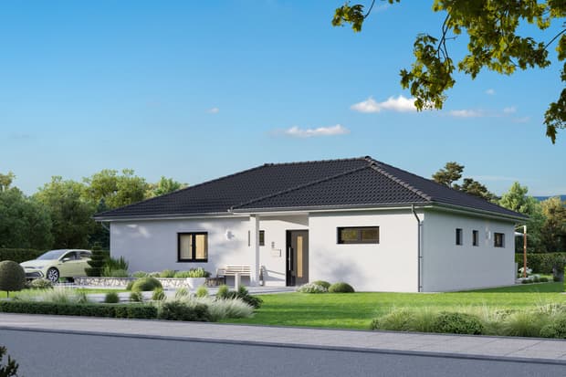 Außenansicht von Winkelbungalow mit Walmdach