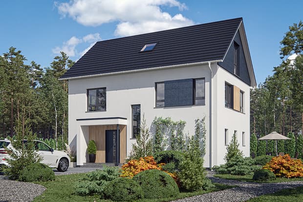 Modernes Einfamilienhaus mit weißem Putz, dunklem Pultdach, Holzdetails am Eingang und grüner Gartenanlage vor Waldkulisse