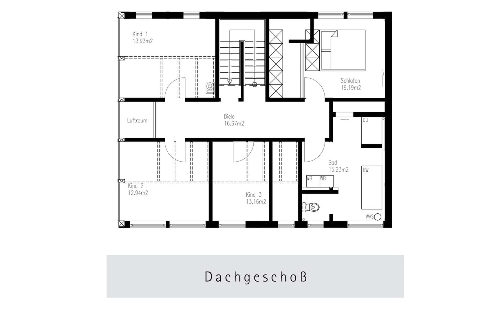 Der Grundriss des OGs des Holzhauses im Landhausstil mit durchgängiger Holzfassade und großer Glasfront