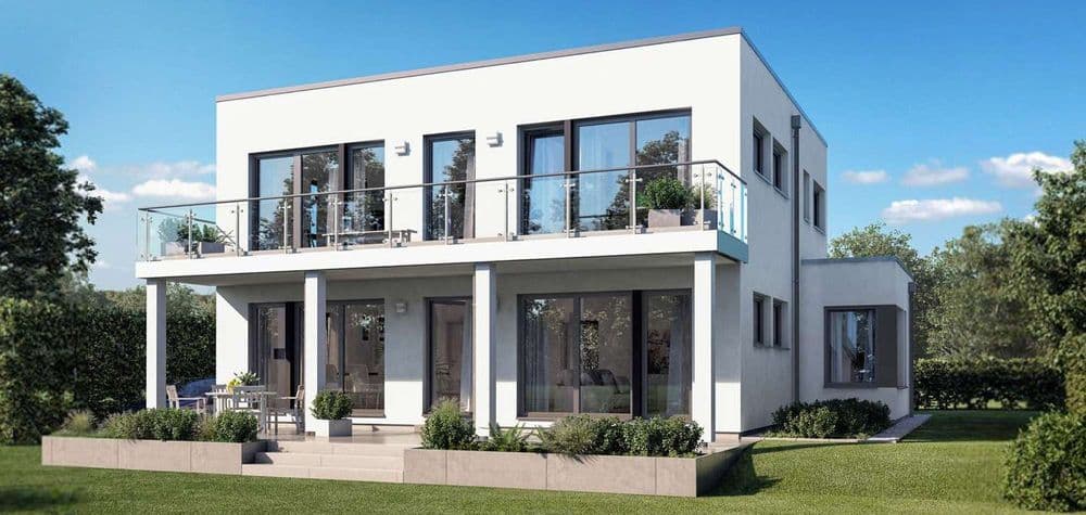 Modernes Fertighaus im Bauhaustil mit Dachterrasse