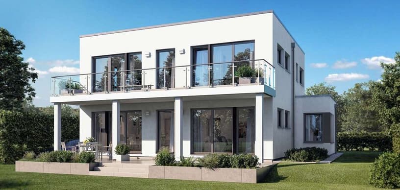 Modernes Fertighaus im Bauhaustil mit Dachterrasse