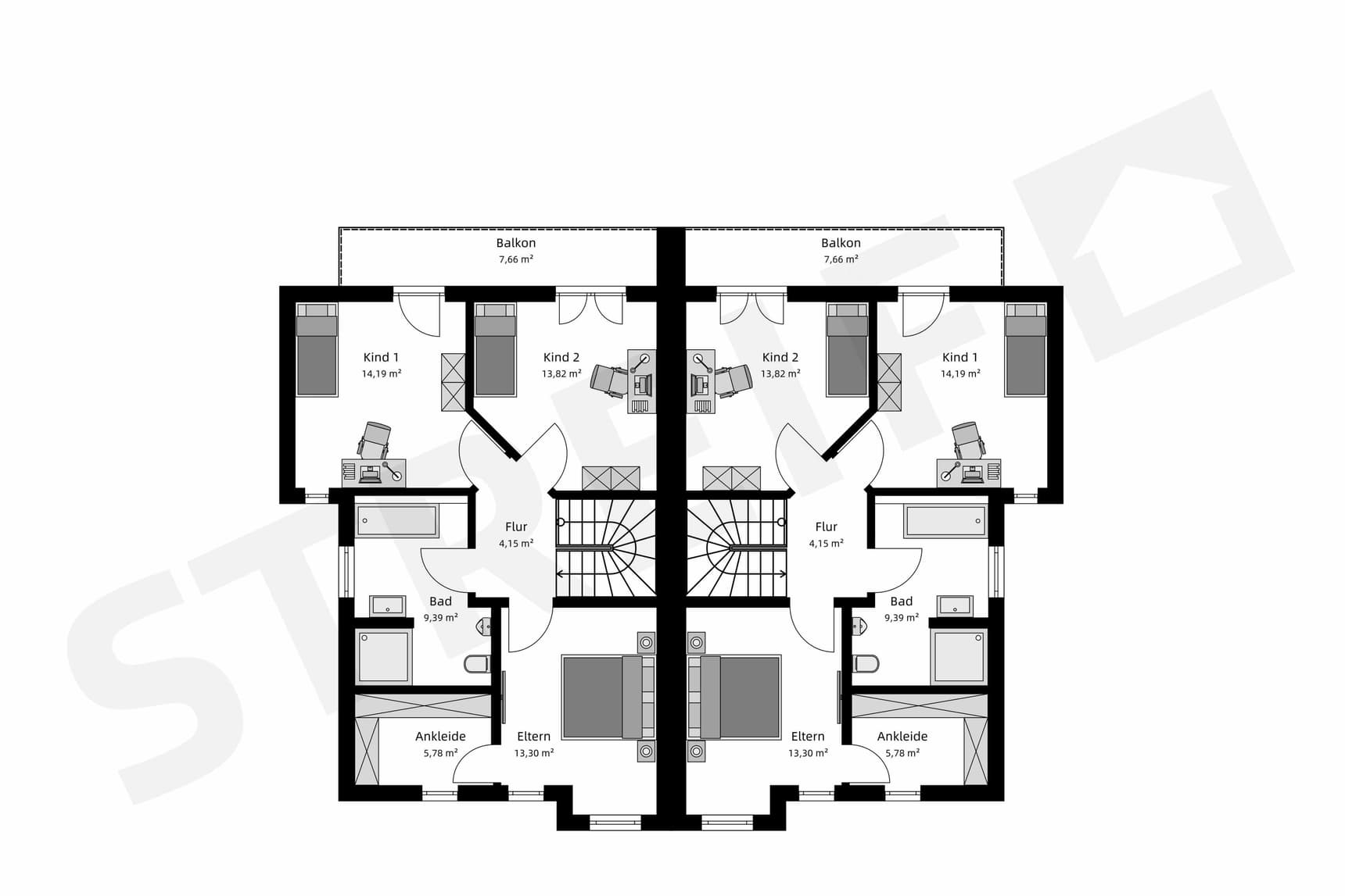 Obergeschoss Grundriss eines Fertighauses mit zwei Doppelhaushälften
