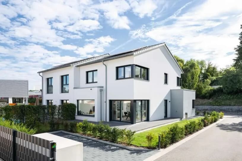 Modernes Doppelhaus mit weißer Fassade, Flachdach, großen Fenstern, Einfahrt, Vorgarten und gepflegter Begrünung.