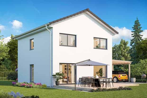 Fertighaus Einfamilienhaus zweigeschossig mit Satteldach, weißer Putzfassade, rechteckigen Fenstern und Terrasse