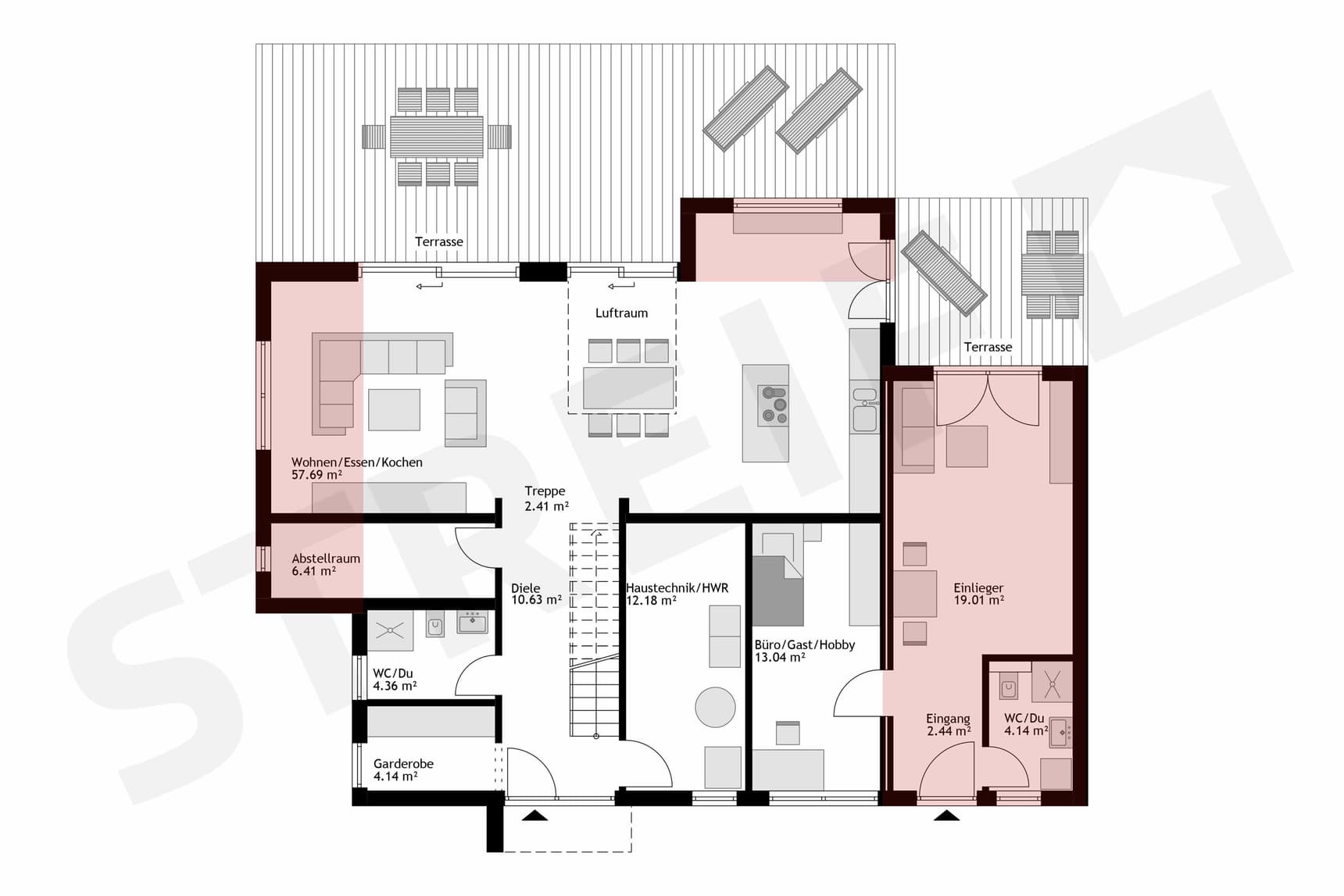 STREIF Grundriss Erdgeschoss mit Wohnen-Essen-Kochen, Einlieger, Büro, Haustechnik, zwei Terrassen und WC/Dusche