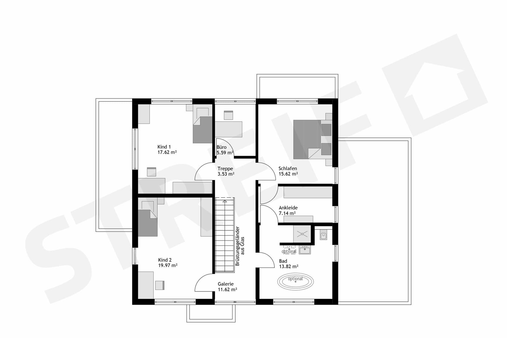 STREIF Grundriss Obergeschoss mit zwei Kinderzimmern, Schlafzimmer, Bad, Ankleide, Büro und Galerie am Treppenhaus