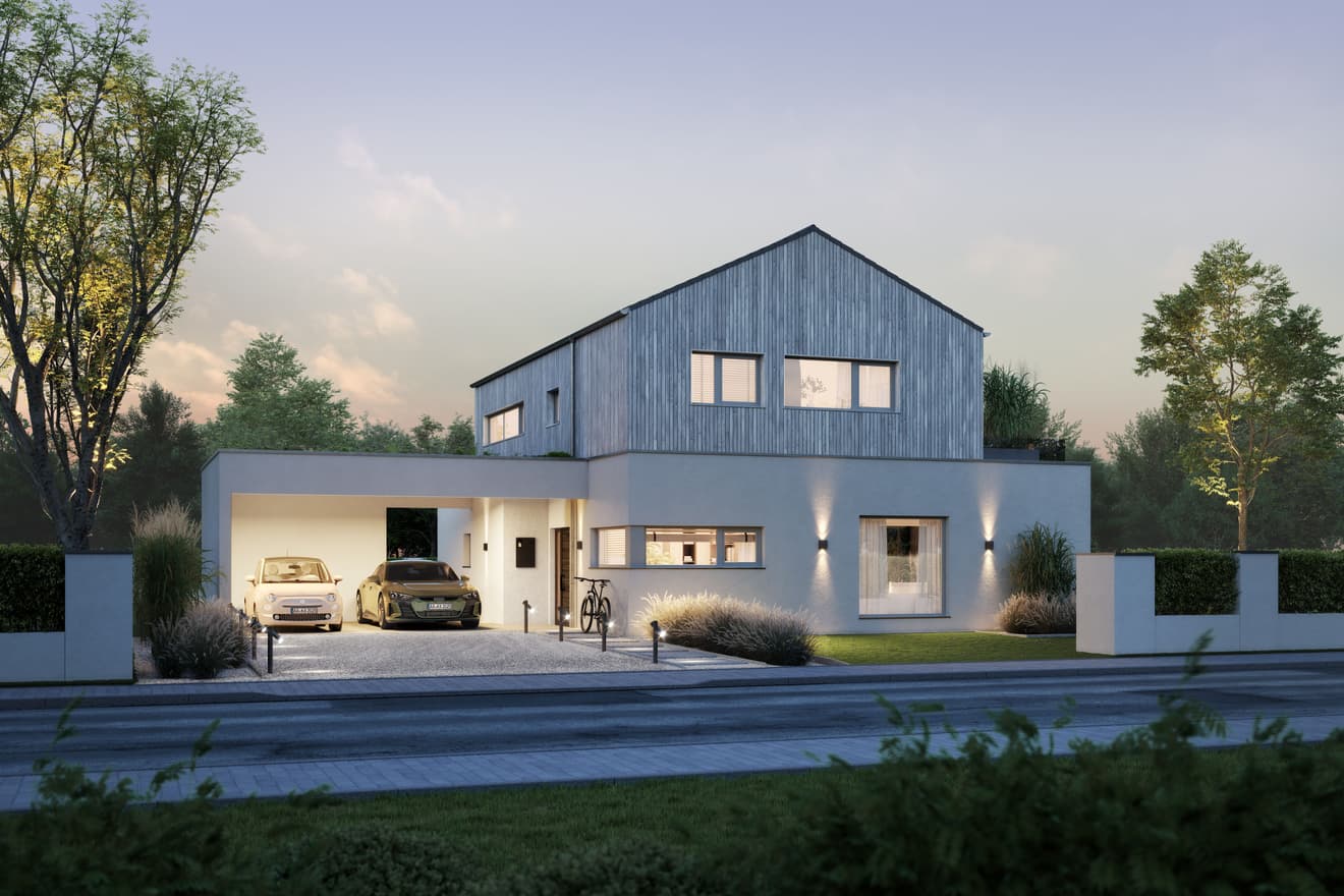 Modernes Ausbauhaus mit Satteldach und Carport