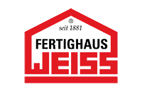 Logo von Fertighaus Weiss in Rot und Schwarz mit Haus-Umriss und Gründungsjahr 1881