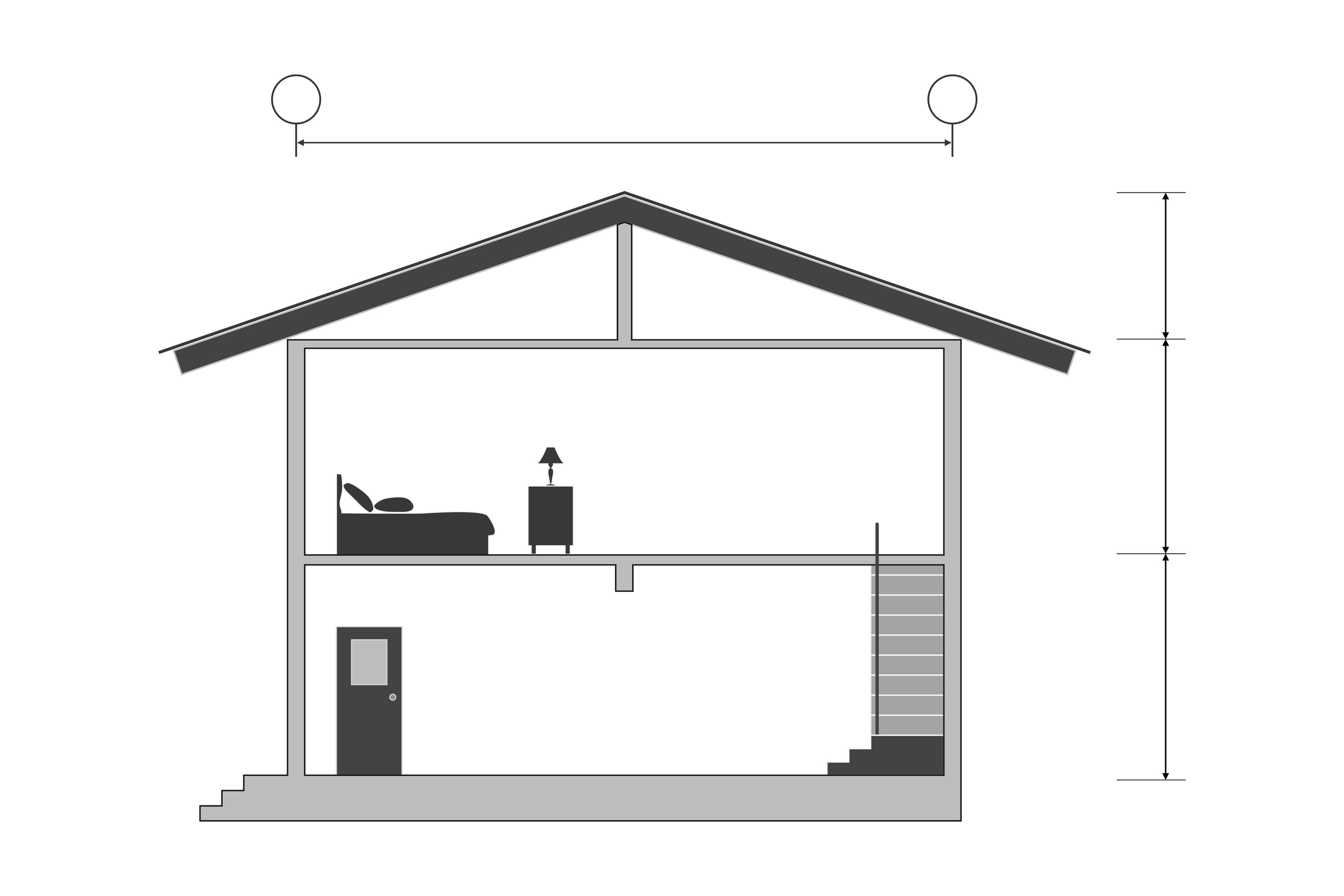 Hausquerschnitt mit technischer Darstellung – Architekturplan zeigt Raumaufteilung, Geschosshöhen und Dachkonstruktion. Ideal für Bauplanung und Eigenheimbau