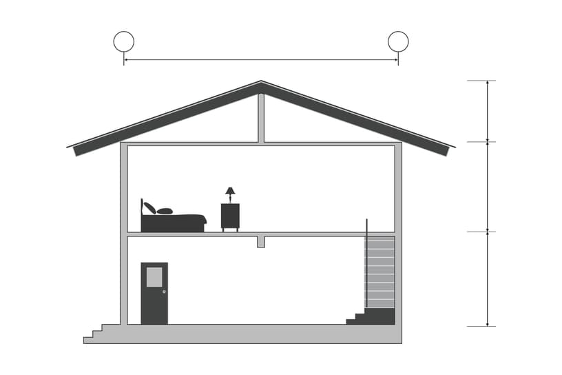 Hausquerschnitt mit technischer Darstellung – Architekturplan zeigt Raumaufteilung, Geschosshöhen und Dachkonstruktion. Ideal für Bauplanung und Eigenheimbau
