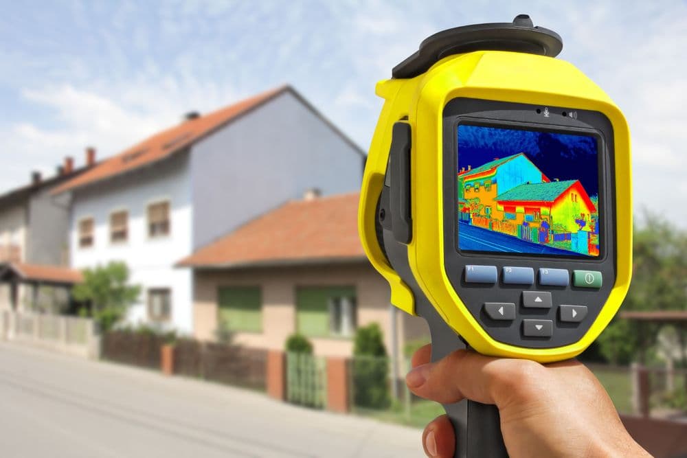 Wärmebildkamera ist auf ein Haus gerichtet und zeigt unterschiedliche Temperaturen am Haus