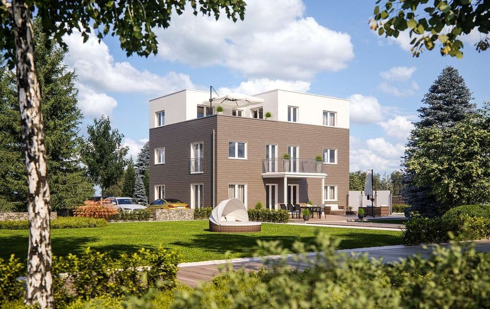 Mehrfamilienhaus mit Holzfassade, Dachterrasse und überdachtem Eingang