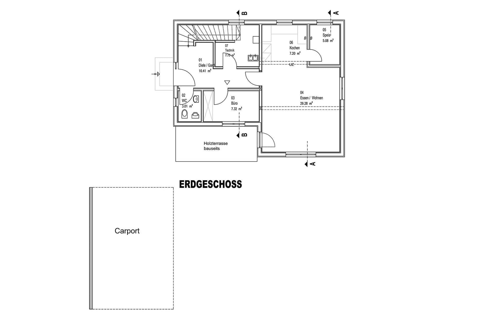 Der Grundriss des EGs des modernen Holzhauses im Landhausstil mit flachem Satteldach und gemischter Fassade aus Lärchenholz und mineralischem Außenputz