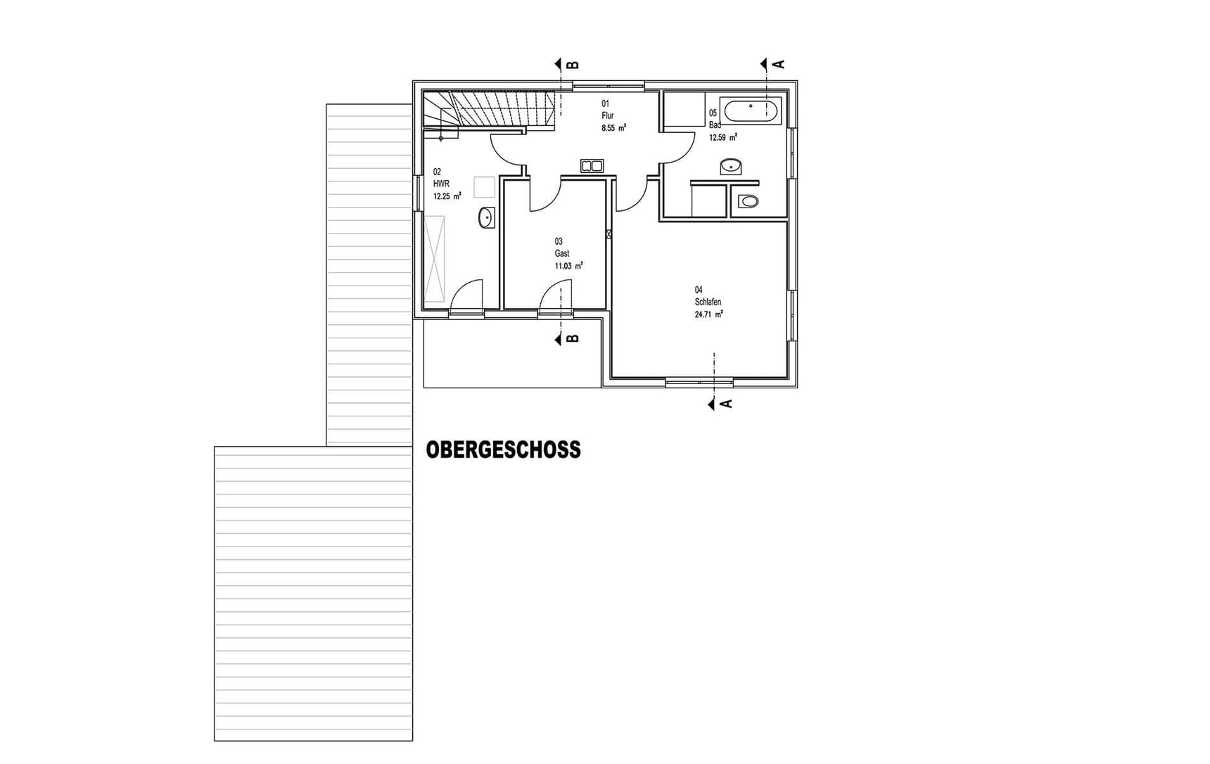 Der Grundriss des OGs des modernen Holzhauses im Landhausstil mit flachem Satteldach und gemischter Fassade aus Lärchenholz und mineralischem Außenputz