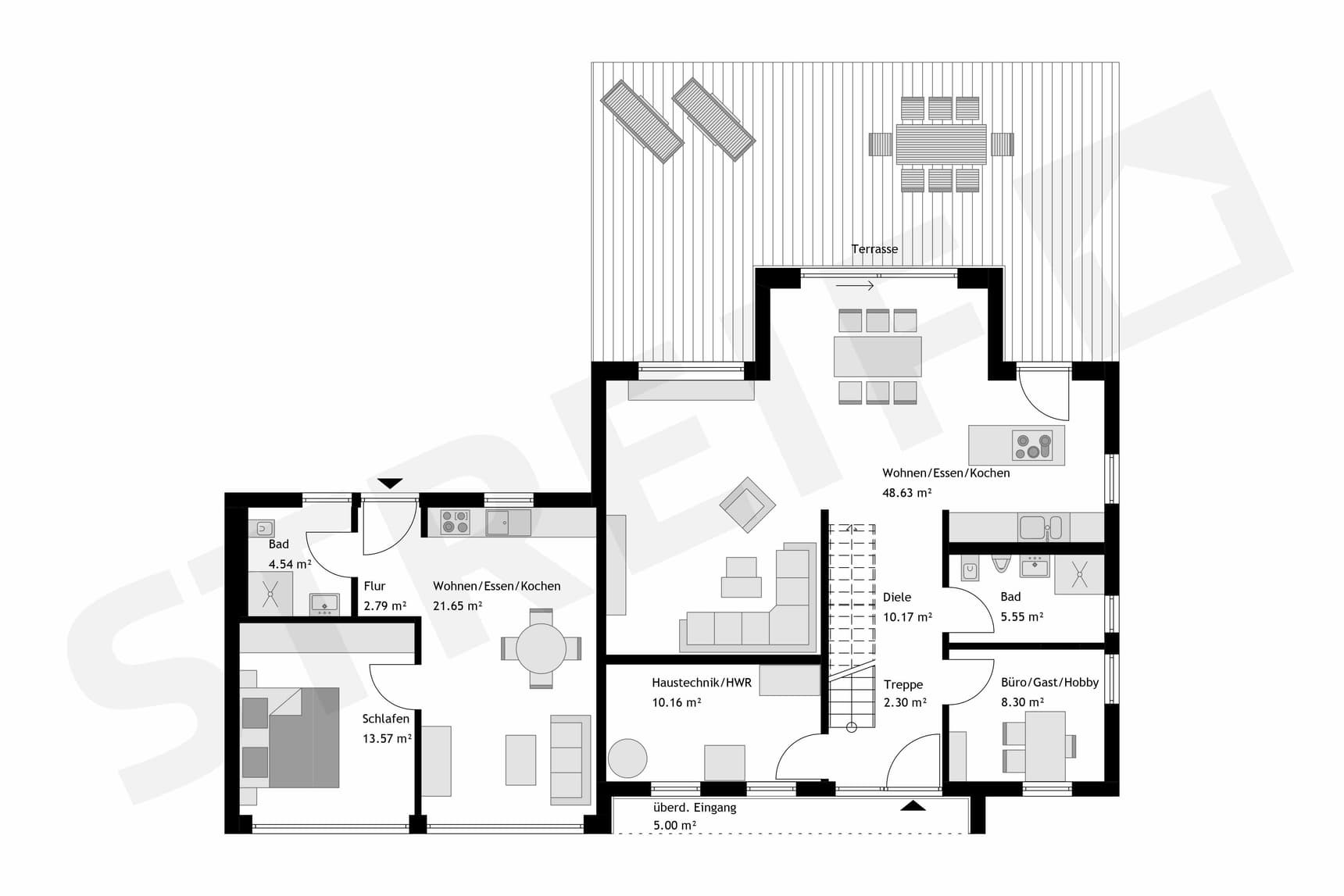 Streif Grundriss Erdgeschoss mit offenem Wohnen-Essen-Kochen, Schlafzimmer, Bad, Büro und Terrasse.