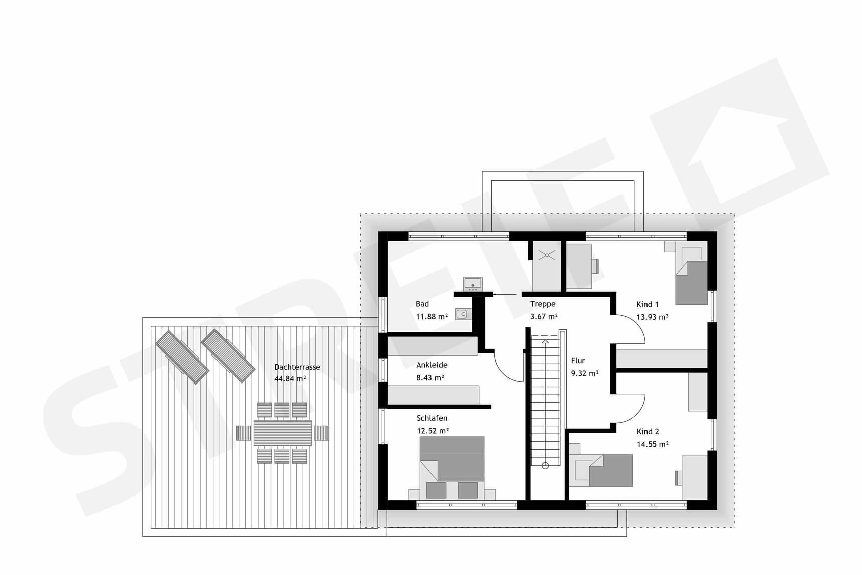 Streif Grundriss Obergeschoss mit Schlafzimmer, Ankleide, Bad, zwei Kinderzimmern, Flur und Dachterrasse.