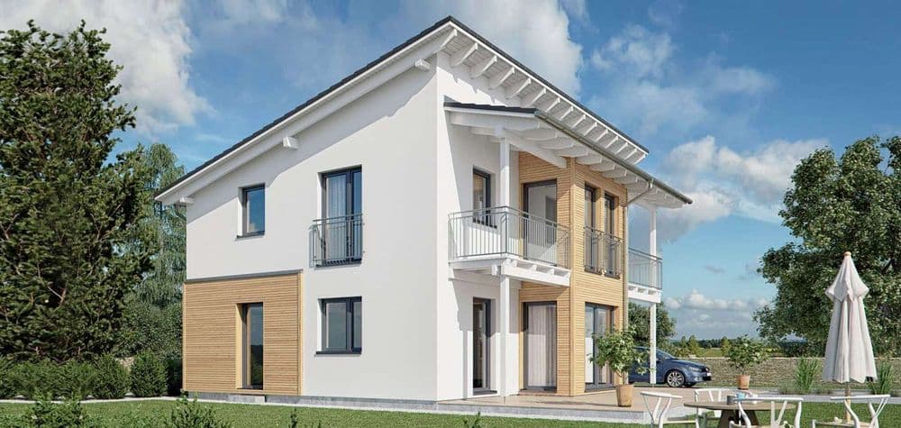 Modernes Fertighaus mit Pultdach und Terrasse
