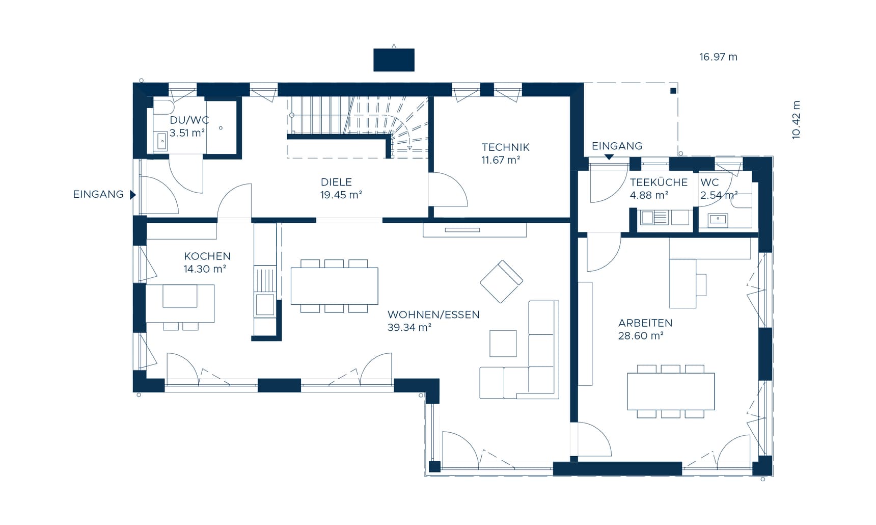Blauer Grundriss eines Hauses mit Küche, Wohnen/Essen, Arbeiten, Technik, Diele, WC und DU/WC Bereichen auf weißem Hintergrund