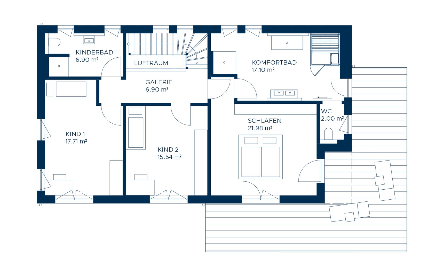 Grundriss des Obergeschosses mit Schlafzimmer, zwei Kinderzimmern, zwei Bädern, Galerie und Terrasse in Blau und Weiß