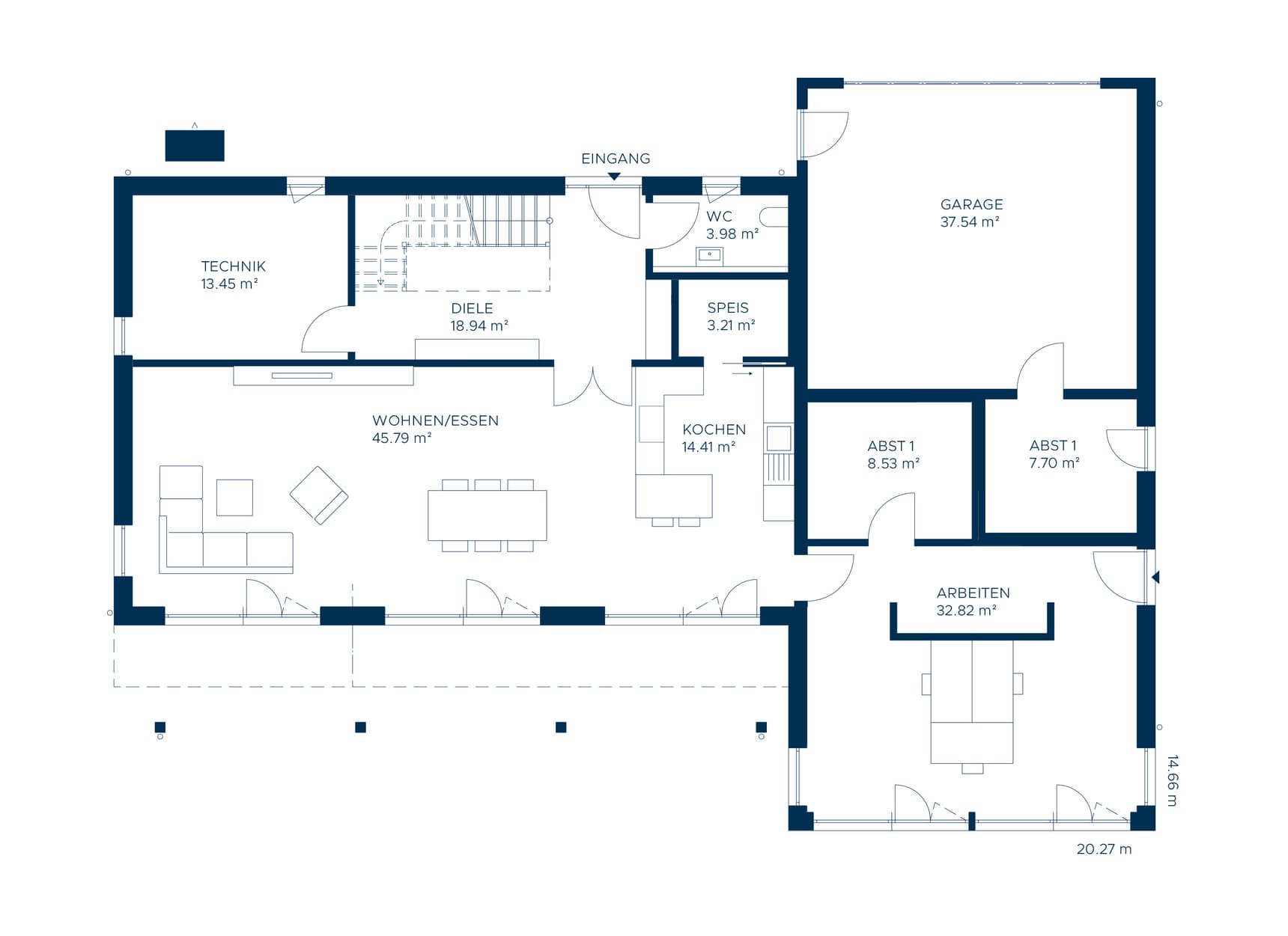 Blauer Grundriss eines Hauses mit Garage, Wohnzimmer, Küche, Arbeitszimmer, Technikraum und WC in moderner Aufteilung