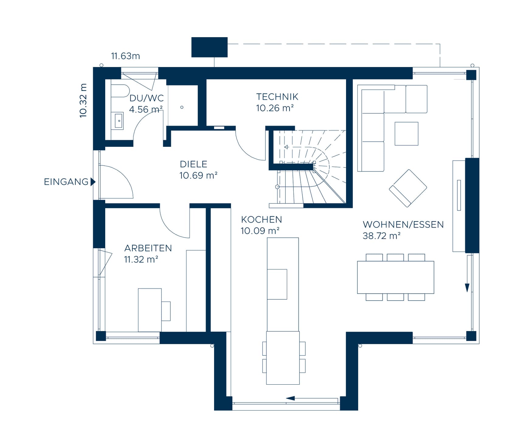Blauer Grundriss eines Wohnhauses mit Eingangsbereich, Küche, Technikraum, Wohnzimmer, Essbereich, Arbeitszimmer und Bad mit Dusche und WC
