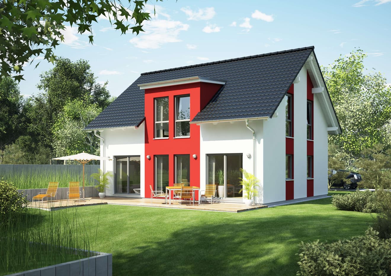 Modernes Fertighaus mit Putzfassade