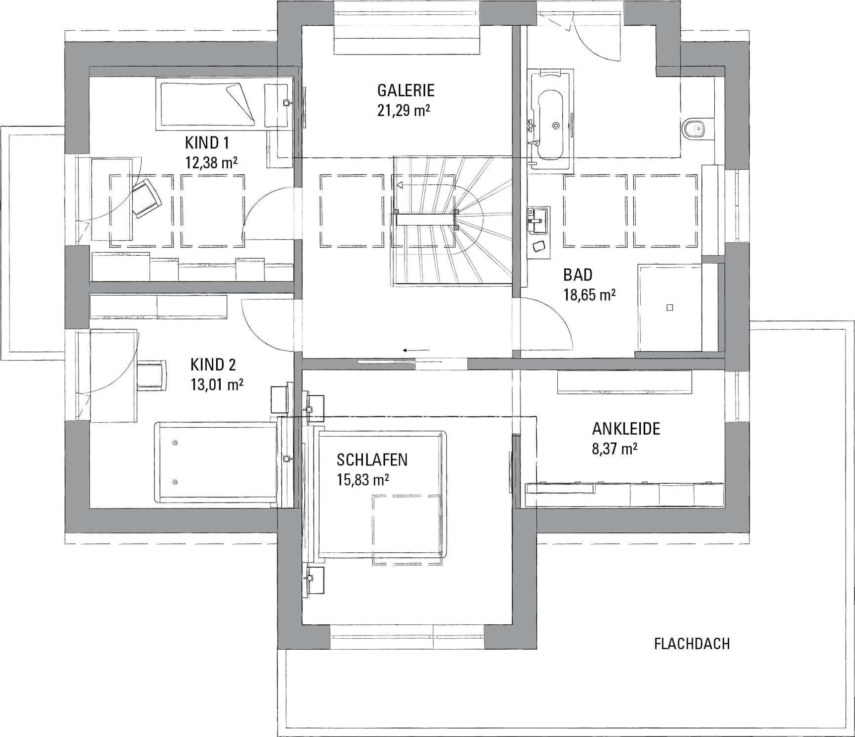 Grundriss des Obergeschosses im Musterhaus mit Galerie, zwei Kinderzimmern, Schlafzimmer, Ankleide und Bad.