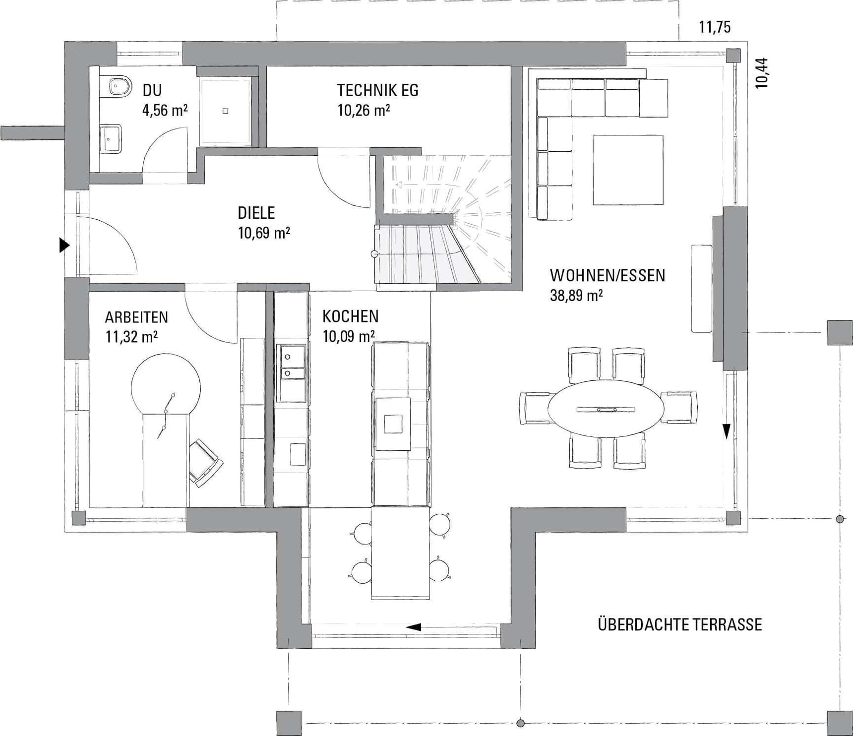 Grundriss des Musterhauses mit Wohn- und Essbereich, Küche, Arbeitszimmer, Bad, Technikraum und überdachter Terrasse.