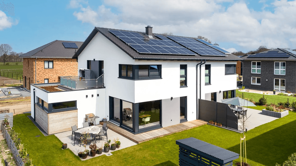 Modernes Fertighaus mit Garage, Garten und Terrasse